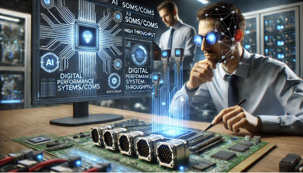 AI engineer analyzing high-speed connector systems for AI SoMs/CoMs, with a futuristic interface displaying digital performance and high throughput