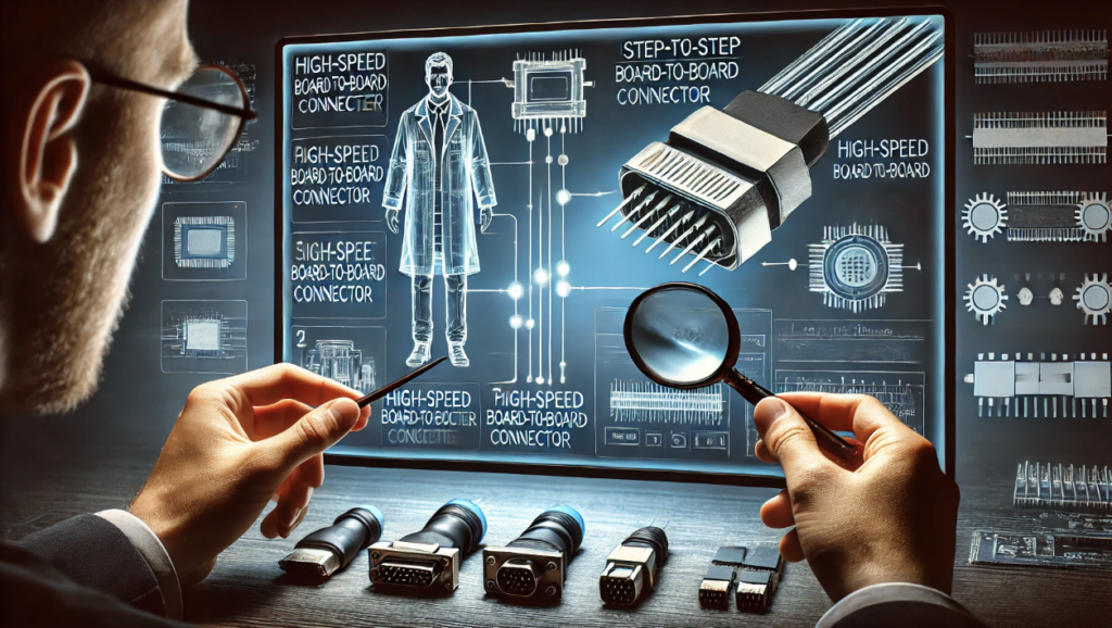 Engineer analyzing high-speed board-to-board connectors with futuristic digital schematics and connector components on displa
