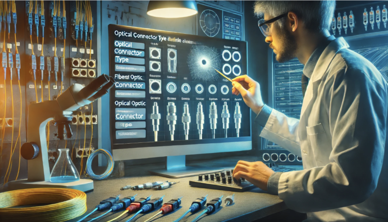 Engineer analyzing fiber optic connectors on a digital interface, surrounded by optical cables and a microscope in a high-tech lab