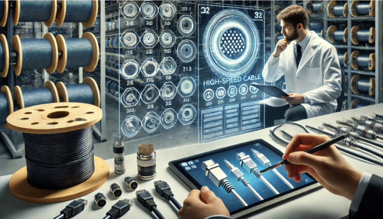Engineer analyzing high-speed cable connectors using a digital interface in a lab with cable spools and connector samples