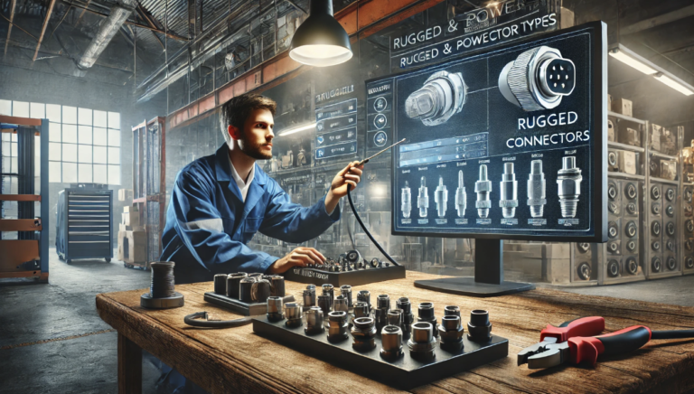 Engineer testing rugged power connectors in an industrial lab with a digital interface displaying connector types and specifications